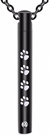 Cylinder Cremation Urn Necklace for Ashes Memorial Keepsake Pendant with Pet Paw Stainless Steel Remembrance Jewelry