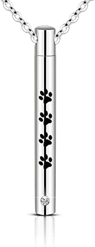 Cylinder Cremation Urn Necklace for Ashes Memorial Keepsake Pendant with Pet Paw Stainless Steel Remembrance Jewelry