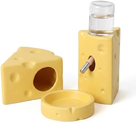 Hamster Cage Accessories Cheese Shaped Cooling Ceramic Hideout Set, 4-Piece Small Pet Supplies with 125ml No Drip Water Bottle, Anti-Tip Food Bowl for Syrian Dwarf Hamster Gerbil Hedgehog Cage Decor
