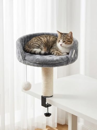 Cat Bed for Desk with Scratching Post – Cozy Elevated Cat Perch with Secure Clamp, Sturdy 50 lb Desk Bed & Hanging Toy for Home Office