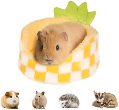 Hamster Hideout Guinea Pig Bed with Detachable Cushion Warm Thick Soft Pad 2 in 1 Guinea Pig Hideout Rat Hideout Small Pet Beds for Chinchilla, Rat, Mouse House, Sugar Glider (Yellow pineapple)