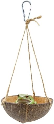 Natural Coconut Shell Frog Swing Toy, Reptile Hammock Bed with Hanging Rope & Metal Buckle, Terrarium Habitat Decor Accessories for Lizard Gecko Bearded Dragon Hamster Birds Hermit Crab Bearded Dragon