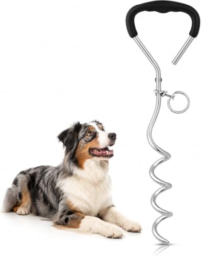 16-Inch Heavy-Duty Dog Tie-Out Stake – 9mm Solid Steel Spiral Dog Anchor with 360° Tangle-Free Ring & Soft-Grip Handle – Easy-to-Install Ground Stake for Yard, Camping & Outdoor Use