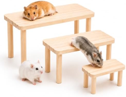 3-Piece Wooden Hamster Platforms – Large, Medium & Small Play Stands for Dwarf, Gerbils, Mice, Degus, Squirrels & Other Small Pets – Cage Accessories for Climbing, Chewing, Hiding & Exploring