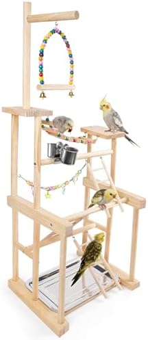 Bird Playground 4 Tier, Parrot Perch Stand Bird Play Stand with Feeder Cups, Ladder, Chain Toy, Swing and Detachable Tray, Parrot Playground for Parakeet Conure Cockatiel Lovebird Budgie