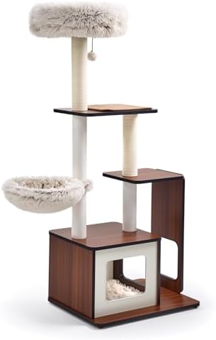 53" Cat Tree, Eco-Wood Cat Tower with Paper-Rope Scratching Post