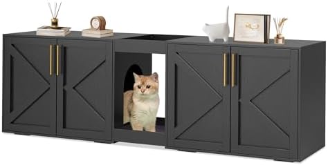 Modern Double Room Cat Litter Box Enclosure for Two Cats – Large Wooden Hidden Cat Washroom Cabinet with Storage Shelf & Soft Cushion – Multi-Functional End Table or TV Stand – Black