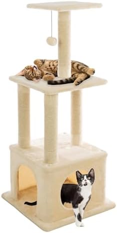 44 Inch Tall Cat Tree Tower - Cat Tower with Napping Perches, Kitten Condo, 4 Rope Scratching Posts, and Hanging Toy - Multi-Level Kitten Tree and Climbing Activity Furniture by PETMAKER (Beige)