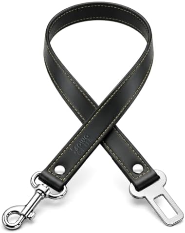 DowgClub Genuine Leather Dog seat Belt for car, Safe Distraction Free Driving, Heavy-Duty Design with Military Grade Hardware, Harness for Small, Medium and Large Pets (Black, 30")