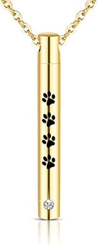 Cylinder Cremation Urn Necklace for Ashes Memorial Keepsake Pendant with Pet Paw Stainless Steel Remembrance Jewelry