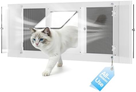 All Season Cat Door for Window with Screen Mesh & Clear Acrylic Panel,36"-40" Adjustable Width,Magnetic Closure Weatherproof Window Pet Door,Aluminum Frame Window Cat Door Insert for Sliding Windows