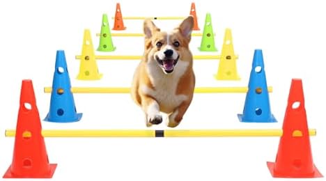 Dog Jump Agility Training Set Puppy Agility Training Hurdle 10 Cones & 5 Poles Combo for Backyard Adjustable Obstacle Training Course Equipment Outdoor Indoor