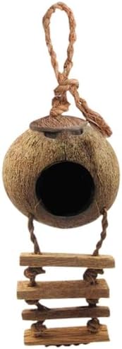 SunGrow Hermit Crab Coco Hut with Ladder, Hamster & Hermit Crab Hideout, Coconut Hide for Reptiles, Crab Cage Climbing Toys, Coconut Shell Mouse House, Habitat Tank Accessories, 5"