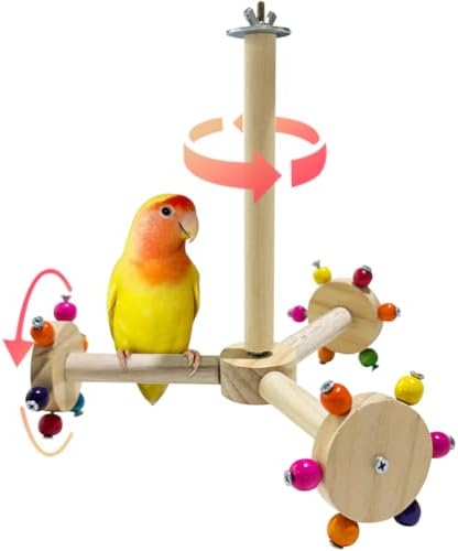 La La Pet Spinning Parrot Perch Stand Rotating Wood Windmill Hanging Perch Roller with Colorful Beads Funny Birdcage Toys for Conures Parrots Parakeets