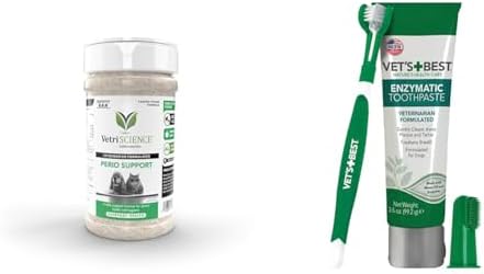 VetriScience Cat & Dog Dental Powder 192 Servings + Vet's Best Dog Toothbrush & Toothpaste Kit