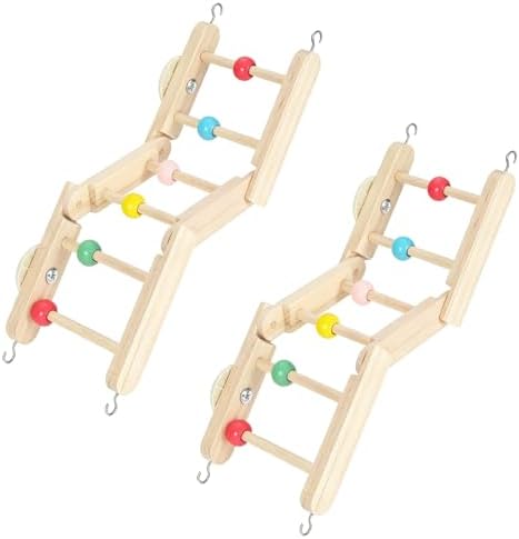 2 Pack Bird Ladder Toy, Natural Wood Parrot Climbing Bridge with Colorful Beads and Hanging Hooks, Bird Cage Accessories for Parakeets Budgies Cockatiels Lovebirds Small Parrots