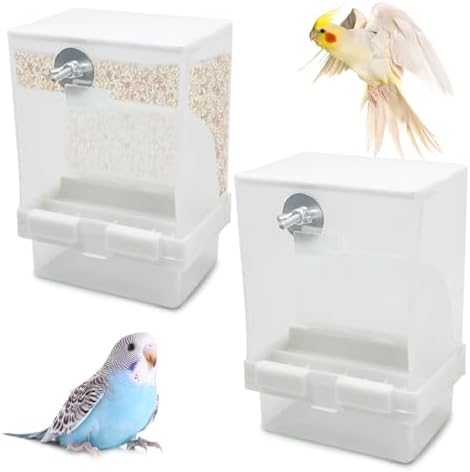 Tfwadmx 2 Pcs No Mess Automatic Bird Feeders Cockatiel Food Dispenser Bowls Seed Container Parrot Dishes Parakeet Cage Accessories Bird Feeder with Divider for Canary Finch Conure Lovebirds