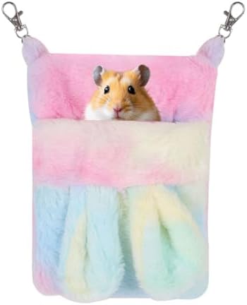 MiOYOOW Sugar Glider Sleeping Pouch, Warm Plush Hamster Bed with Cute Ear Colorful Cage Hanging Small Animals Nest for Guinea Pig Ferrets
