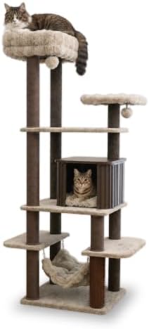 Catry 7-Level Cat Tree for Indoor Cats, Multi-Level Cat Tower with Replaceable Paper Rope Scratching Posts, Elevated Perch Bed, Cozy Condo Hideaway, Hammock, Plush Shag Fur Padding & 2 Hanging Toys