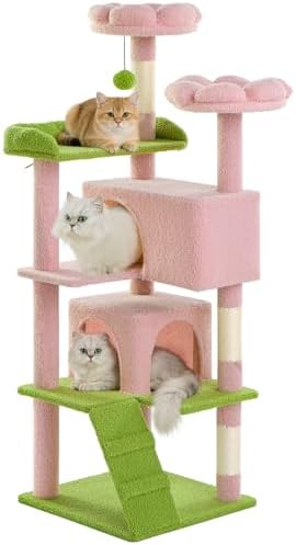 Cat Tree Tower 56in Cat Trees Multi-Level Cat Condos with Spacious Perch, 2 Cozy Condos, Scratching Posts, Climbing Ladder, Toy Ball, Durable Pet House Furniture for Indoor Kittens, Pink Green Flower