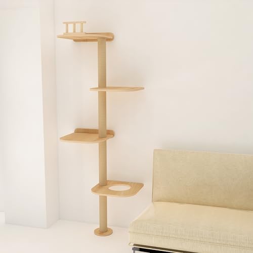 Wall-Mounted Tall Cat Tree Cat Scratching Post, Space Saving Floor to Ceiling Cat Tower, Natural Wood Cat Wall Shelves, Corner cat Jumping Platform cat Bed,Suitable for Large Cats
