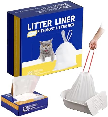 Drawstring Litter Liner Bags 100 Pack-Cat Litter Box Liner Bags for Litter Box Robot 3 and 4 Thick Waste Bags for Self-cleaning Cat Litter Box Liner Trash Bags for Home/Kitchen Trash Cans