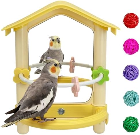 Bird Mirror with Plastic Perch and 5PCS Colorful Rattan Balls Parakeet Hanging Swing with Mirror Interactive Toy Bird Cage Accessories for Cockatiel Parrot Conures Cockatoo Finch(Yellow)