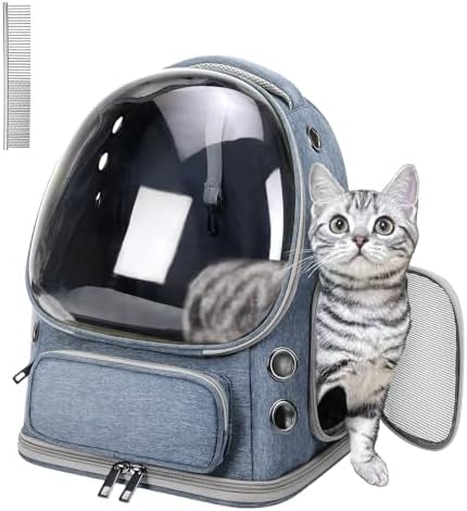 Cat Carrier with Groomer, Breathable Cat Bubble Carrier for Cats or Small Dogs up to 20 lbs, Collapsible Airline Approved, Clear Cat Travel Backpack (Blue)