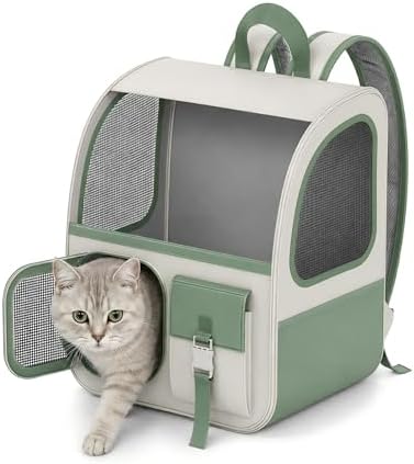 Large Cat Backpack Carrier with Front Window & Super Large Space, Designed for Long Adventures Travel Hiking, Pet Carrier Backpack for Cats Small Puppies up to 16.5lbs, Green White
