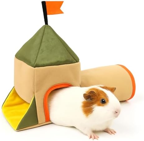 Guinea Pig Hideout and Toys, Castle Theme Small Pet Tunnel and Bed with Flag for Bunny Rabbit Ferret Hamster Chinchilla Hedgehog Hiding and Resting, 17.3in Long(Khaki)