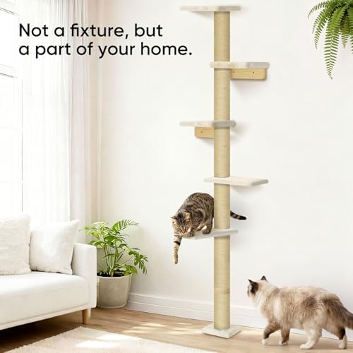 Wall Mounted Cat Tree, 80" Tall Cat Climbing Tower with Sisal Scratching Post & 5 Perches, Space Saving Cat Wall Furniture for Indoor Cats, Vertical Cat Wall Shelves and Perches, Beige
