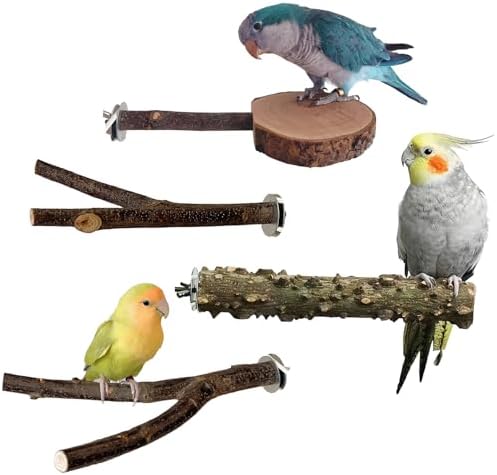4 Pack Bird Perches for Cage with Natural Wood, ROOJUNE Bird Cage Accessories Bird Perch Platform for Small Medium Parakeets Parrots Conures Cockatiels Finches Lovebirds