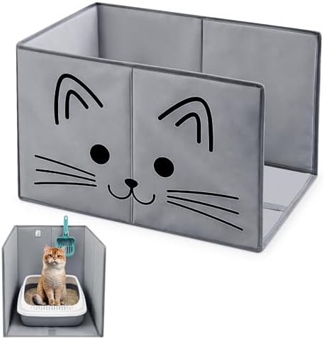 24"L×16.14"W×16.14"H Foldable Cat Litter Box Enclosure Splash Guard with Removable Mat, Cat-print Casing, Large High Sided for Litter Pan Water Resistant Easy Clean Anti-leakage Pee Shields