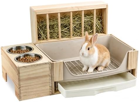 3-in-1 Rabbit Hay Feeder with Covered Hay Rack & Litter Box Drawer(Style 3)