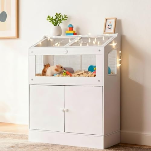 Compact Small Animal Habitat with Storage Cabinet, Clear Acrylic Hamster Cage for Gerbils, Rats, and Guinea Pigs, Ventilated Transparent Enclosure with Base Storage, Modern Pet Cage for Home Use