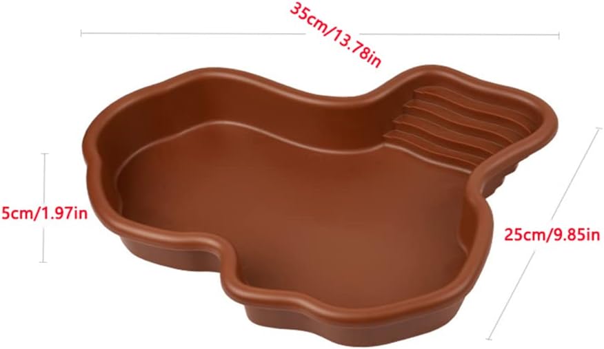Extra Large Reptile Bathing Pool Reptile Feeding Dish Water Bowl with Ramp Aquarium Ornament for Gecko, Snake, Turtle, Bearded Dragon, Lizard Bath (Brown)
