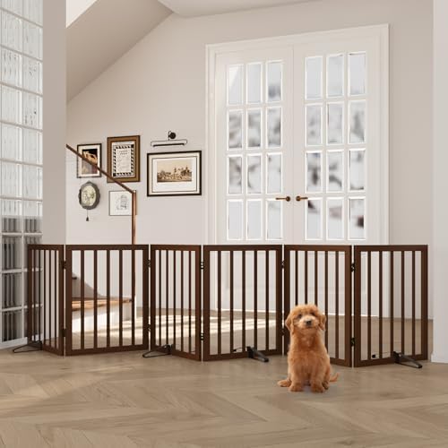 Semiocthome Bamboo Wood Dog Gate Indoor, 6-Panel Pet Gates with 4 Stands and 360° Hinge for Doorways and Stairs, Puppy Gate for The House, Fully Assembled Safety Fence 110" W x 24" H - Black Walnut
