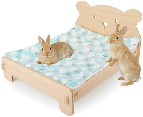 Wooden Bunny Bed with Soft Mat, Cute Pet Bed for Rabbits, Cats, Guinea Pigs Puppy Hamster Small Animal Sleeping, Cozy Warm 19.5"x 15.5" Suitable for Pets Under 20 lbs