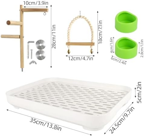 4 In 1 Bird Playground Stan with Large Tray, Food Bowl, Wooden Bird Play Stand and Swing, Play Gym & Accessories for Parrots Cockatiels Conures Parakeets Lovebirds