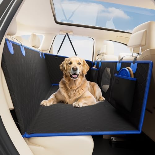 JOYTUTUS Dog Car Seat Cover for Back Seat with Hard Bottom, Back Seat Extender for Dogs Supports 400lb, Pet Cover with Mesh Window, Travel Bed Waterproof Dog Hammock for Car Truck SUV