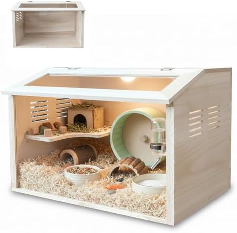 Wooden Hamster Cage Chewproof, Large Hamster Cages and Habitats, Small Animal Habitat with Openable Acrylic Sheet for Gerbil, Degus Mice, Guinea Pig, Rat& Other Small Pets（24in）