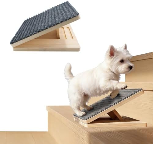 Wooden Dog Ramp for Stairs, Foldable & Adjustable Height Stair Wedges with Non-Slip Pad for Short-Legged, Small, Senior or Injured Pets Dogs and Cats (1 Pack)