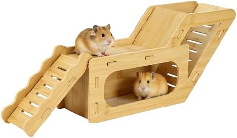 Bamboo Hamster Hideout House with Platform Dual Ramps and Ladder