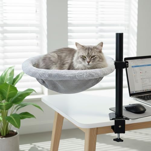 Cat Desk Bed, 360° Rotating & Height Adjustable Cat Perch for Desk, Soft Faux Fur, Removable & Washable, Supports Up to 44 lbs – Perfect for Remote Workers, Gamers & Office Cats
