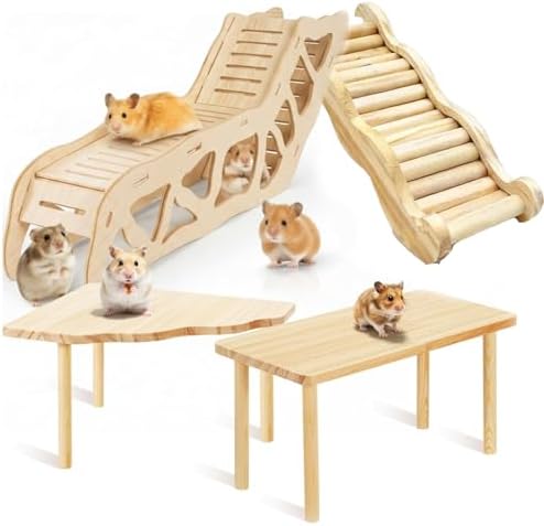4PCS Wooden Hamster Platform Set, Tunnel Ladder Playhouse Hamster Game Climbing Toy with Ladder Platform Table Climbing Ramp, Cage Decor for Syrian Dwarf Hamsters, Gerbils, Mice