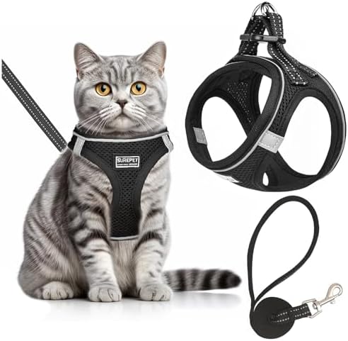 Cat Harness with Leash Set Mesh No Pull Reflective Escape Proof Walking Adjustable Step Soft Padded in Vest Harness for Small Medium Puppy, Cats Black M