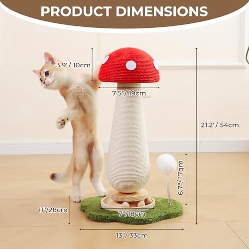 Mushroom Cat Scratching Post with Interactive Ball Track Spring Ball Cat Toys, 21.2" Cat Sisal Scratcher Tree for Indoor Cats, Red