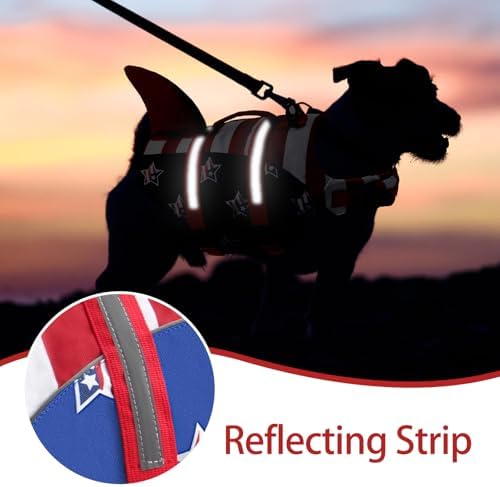Dog Life Jacket, American Flag Ripstop Shark Dog Life Vest for Swimming & Boating, High Buoyancy Reflective Pet Vest with Rescue Handle, for X-Small/Medium/Large/X-Large Dogs (USA Flag, M)