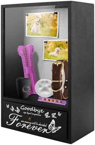 Pet Memorial Shadow Box, Pet Urn Ashes Display Case with Drawer, Dog Memorial Picture Frame Display Case, Pet Memorial Gifts for Loss of Dog with Pet Paw Print Set (Black)