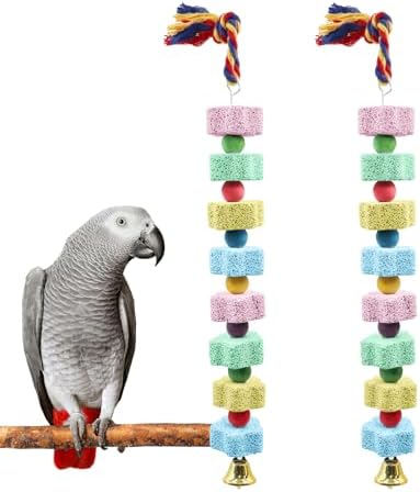 2 Pack Mineral Block Chew Toys with Colorful Beads and a Bell, Bird Beak Grinding Stone, Cage Accessories for African Grey, Budgies, Cockatiels, Small to Medium Birds